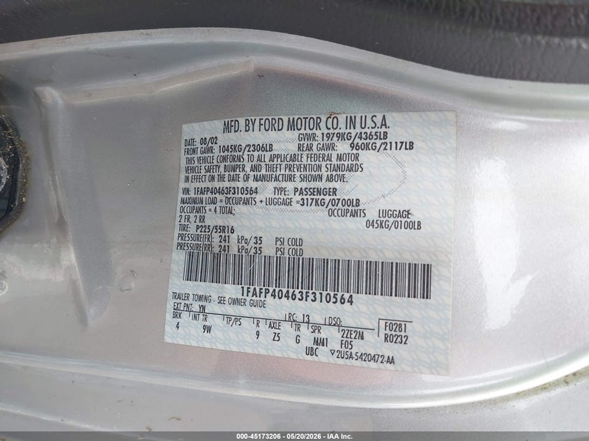 FORD MUSTANG 2003 VIN 1FAFP40463F310564