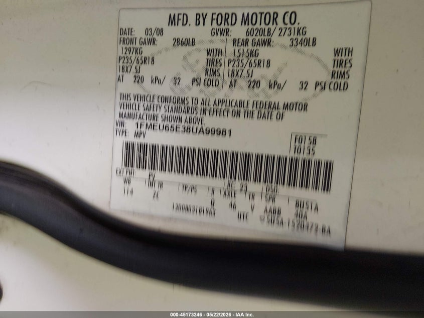 2008 Ford Explorer Limited VIN: 1FMEU65E38UA99981 Lot: 45173246