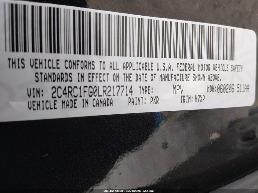2020 CHRYSLER PACIFICA VAN 3.6L V-6 DOHC, VVT, 287HP