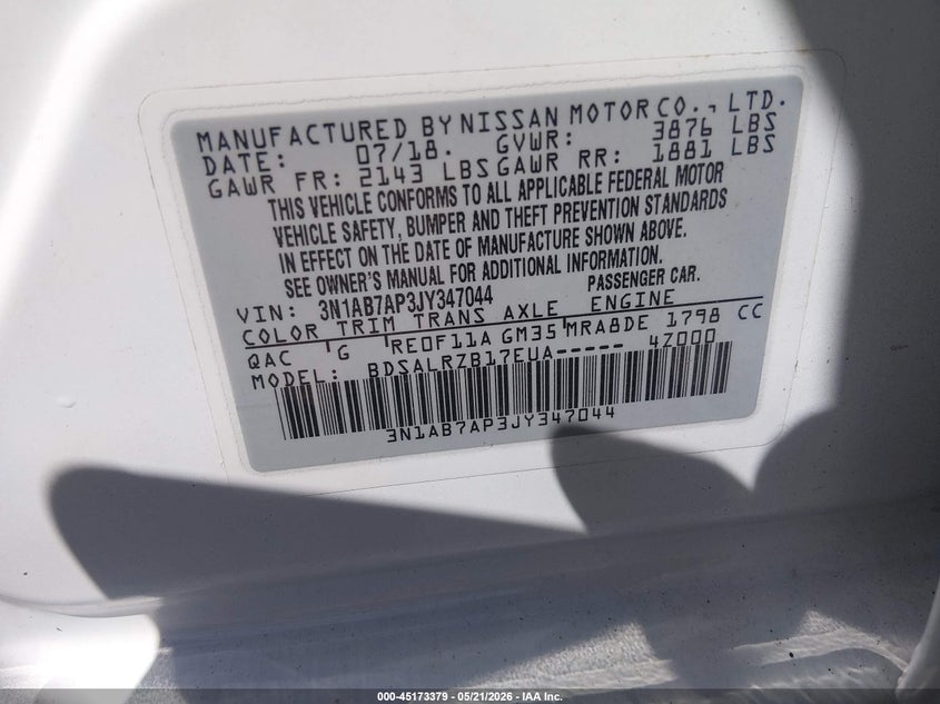 VIN 3N1AB7AP3JY347044 2018 NISSAN SENTRA SR