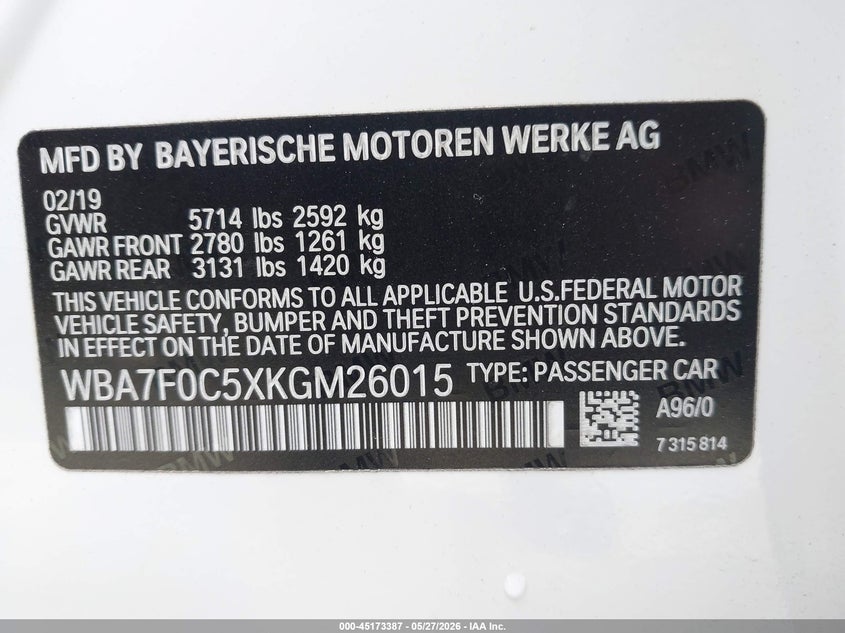 2019 BMW 750I VIN: WBA7F0C5XKGM26015 Lot: 45173387