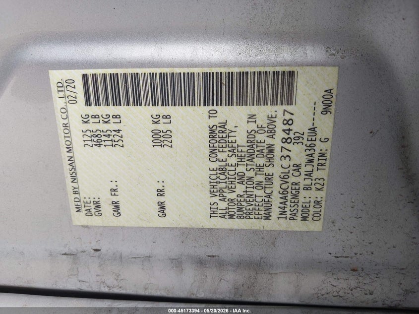 VIN 1N4AA6CV6LC378487 2020 NISSAN MAXIMA SV XTRONIC CVT