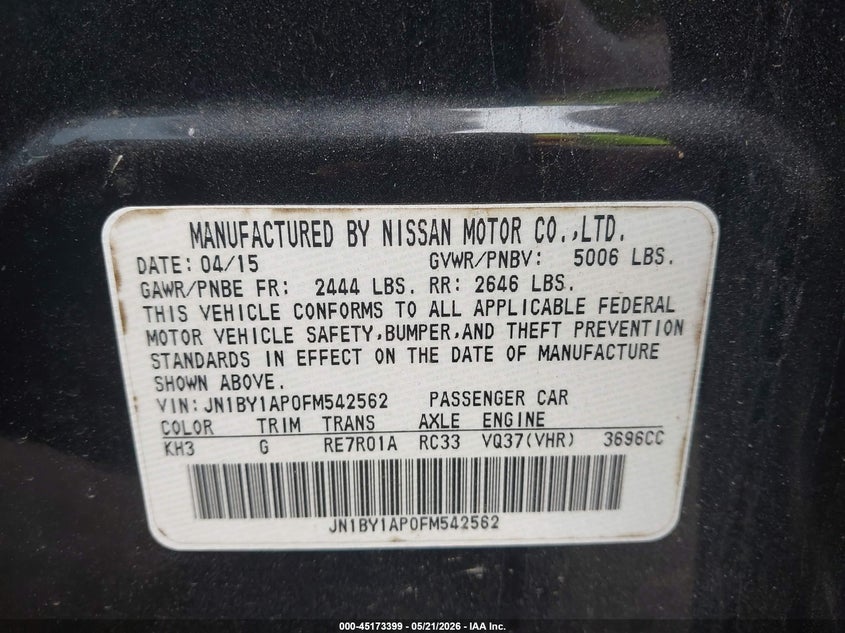 2015 Infiniti Q70 3.7 VIN: JN1BY1AP0FM542562 Lot: 45173399