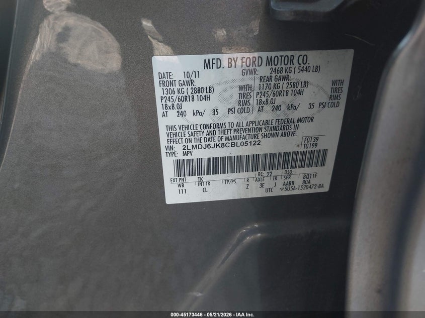 2012 Lincoln Mkx VIN: 2LMDJ6JK8CBL05122 Lot: 45173446