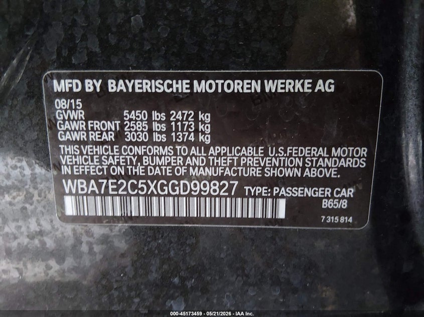 2016 BMW 740I VIN: WBA7E2C5XGGD99827 Lot: 45173459