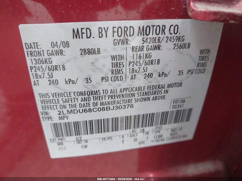 2008 Lincoln Mkx VIN: 2LMDU68C08BJ30376 Lot: 45173484