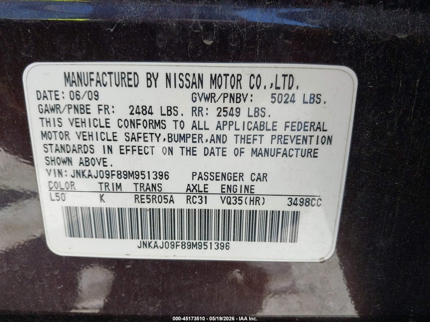 2009 Infiniti Ex35 Journey VIN: JNKAJ09F89M951396 Lot: 45173510