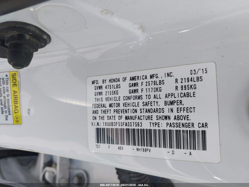 2015 ACURA TLX SEDAN 3.5L V-6 DI, VVT, 290HP