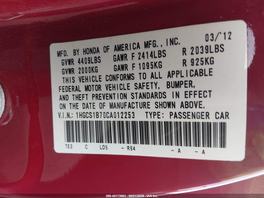 2012 Honda Accord 2.4 2.4 Ex red Lot 111045173563 Vin 1HGCS1B70CA012253