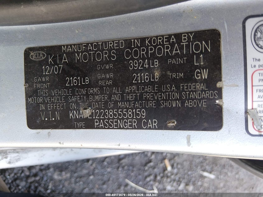 2008 Kia Spectra Ex VIN: KNAFE122385558159 Lot: 45173579