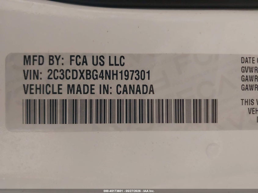 DODGE CHARGER 2022 VIN 2C3CDXBG4NH197301