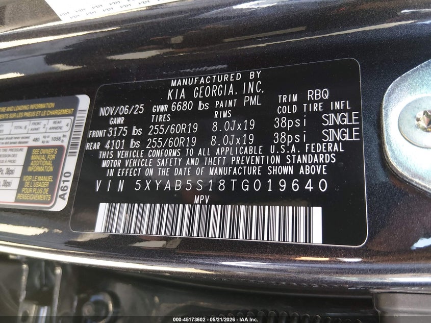2026 Kia Ev9 Light Long Range VIN: 5XYAB5S18TG019640 Lot: 45173602
