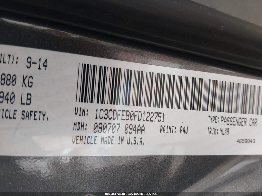 2015 Dodge Dart Gt VIN: 1C3CDFEB0FD122751 Lot: 45173648