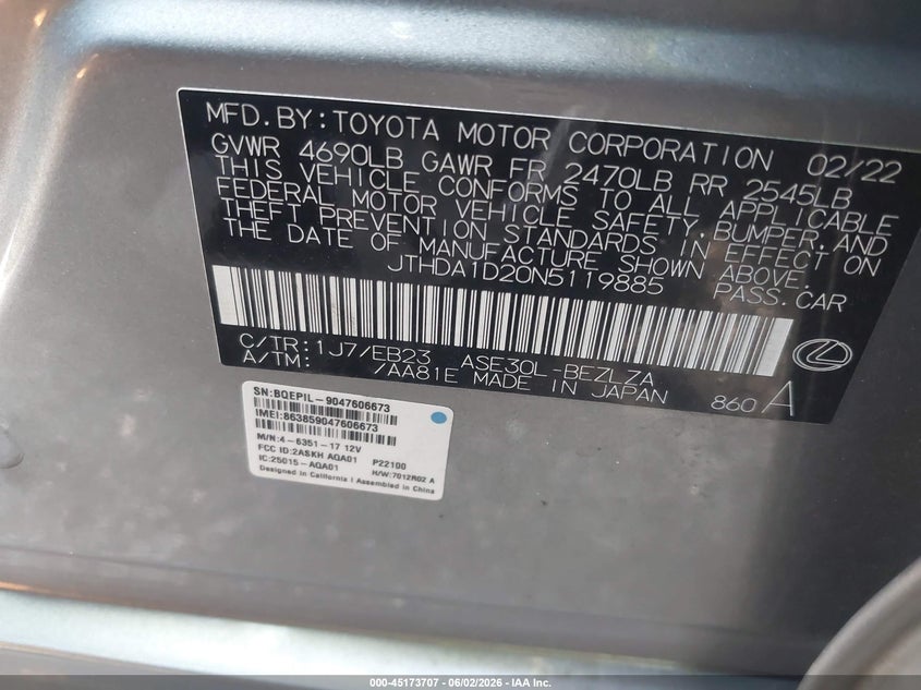 2022 Lexus Is 300 VIN: JTHDA1D20N5119885 Lot: 45173707