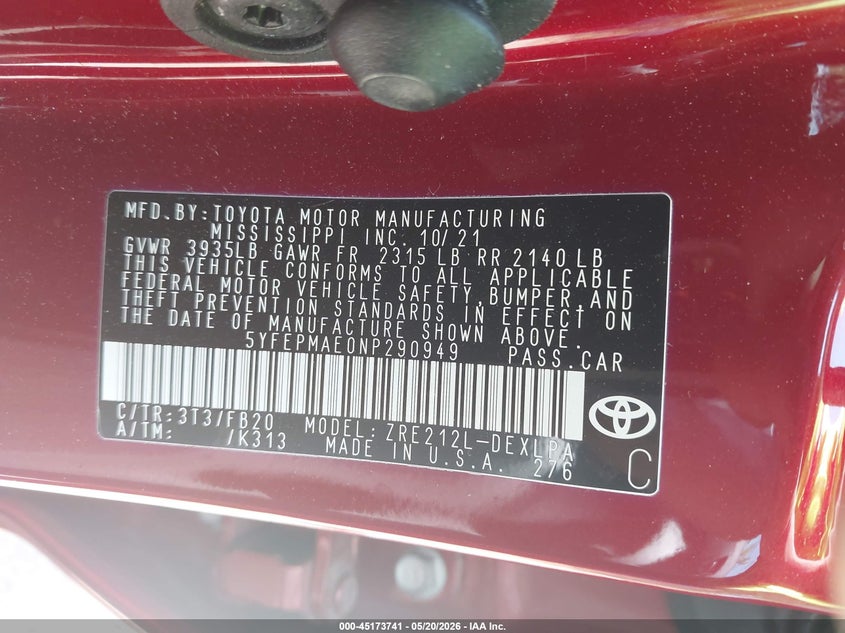 2022 TOYOTA COROLLA SEDAN 1.8L I-4 DOHC, VVT, 139HP