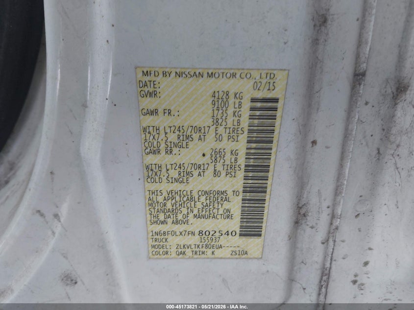 2015 Nissan Nv Cargo Nv2500 Hd Sv V6 VIN: 1N6BF0LX7FN802540 Lot: 45173821