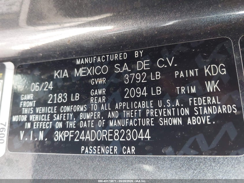 VIN 3KPF24AD0RE823044 2024 KIA FORTE LX