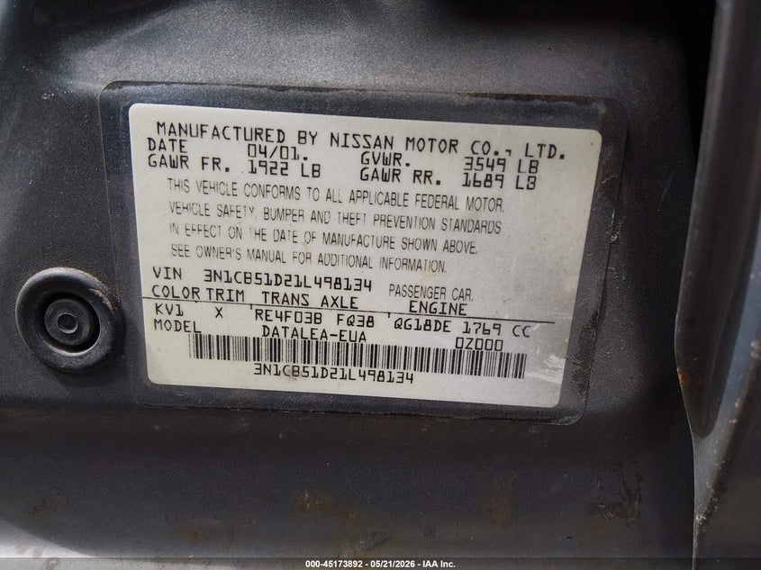 2001 Nissan Sentra Gxe VIN: 3N1CB51D21L498134 Lot: 45173892