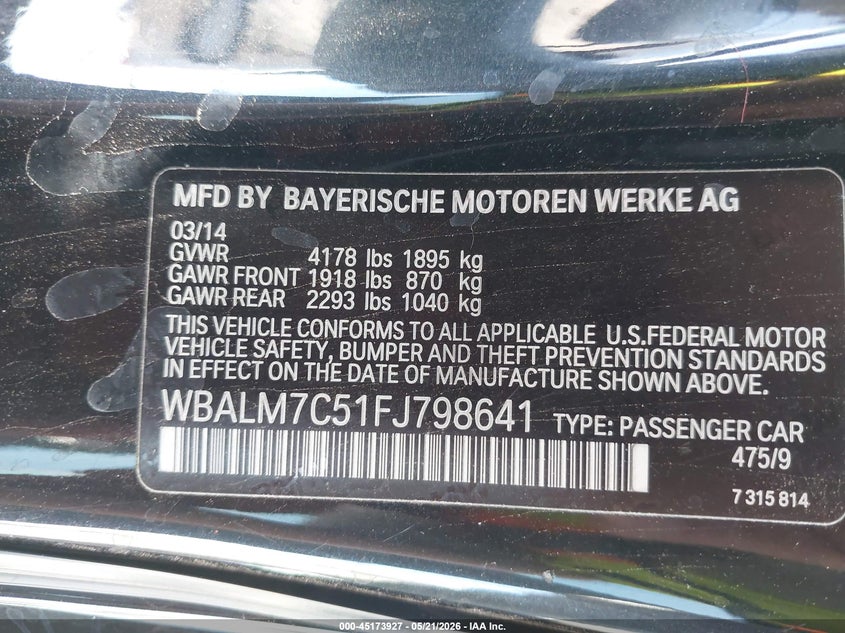 2015 BMW Z4 Sdrive35I VIN: WBALM7C51FJ798641 Lot: 45173927