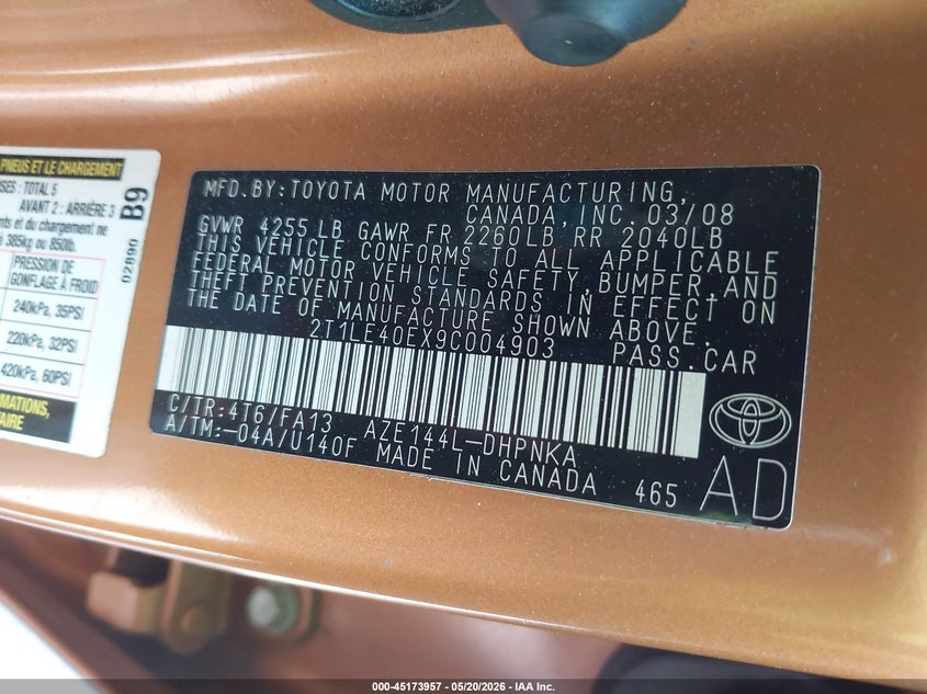2009 Toyota Matrix S VIN: 2T1LE40EX9C004903 Lot: 45173957