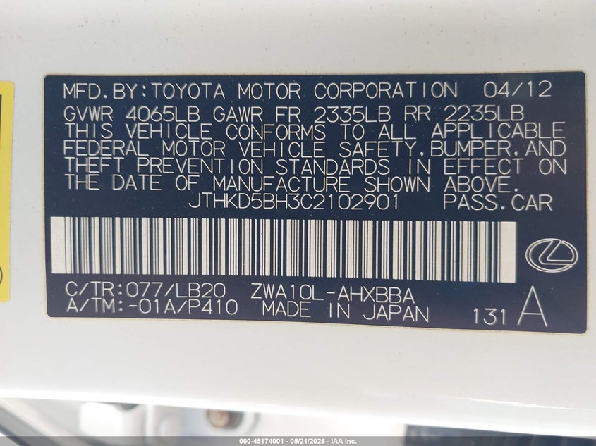 2012 Lexus Ct 200H Premium VIN: JTHKD5BH3C2102901 Lot: 45174001