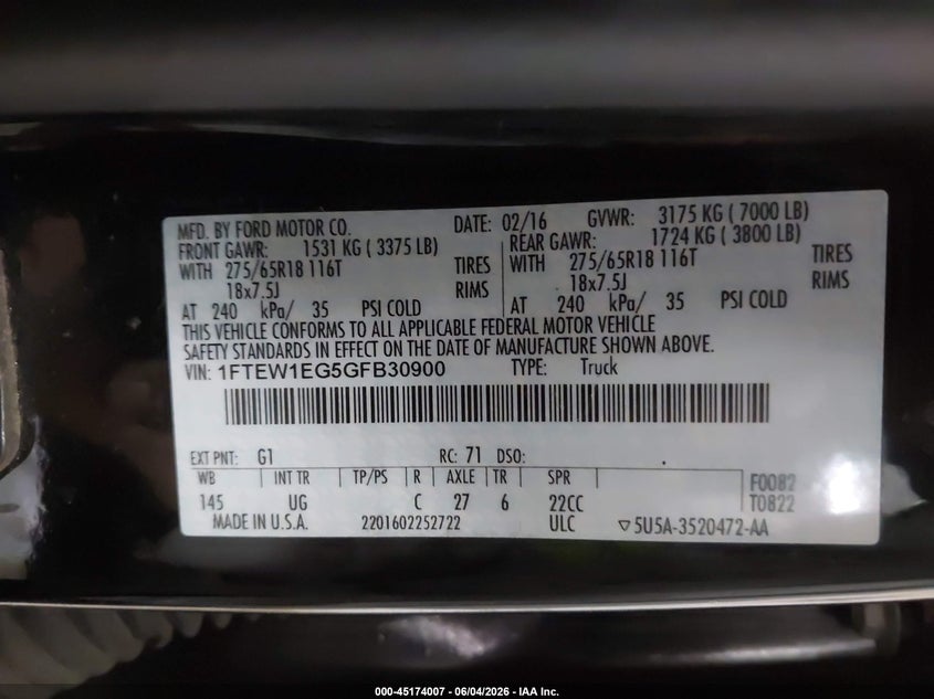 2016 Ford F-150 King Ranch/Lariat/Limited/Platinum/Xl/Xlt VIN: 1FTEW1EG5GFB30900 Lot: 45174007