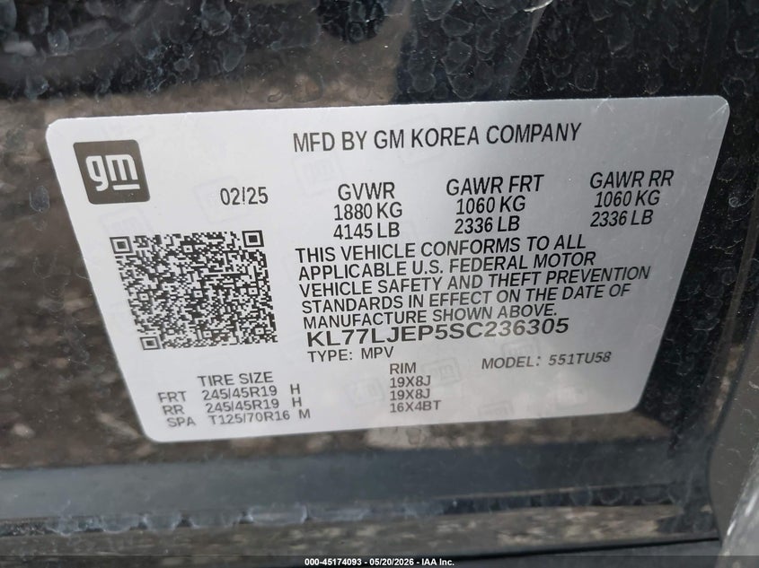 VIN KL77LJEP5SC236305 2025 CHEVROLET TRAX FWD 2RS