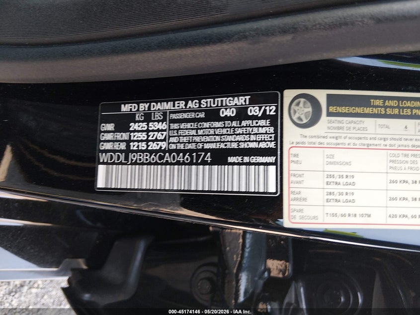2012 Mercedes-Benz Cls 550 4Matic VIN: WDDLJ9BB6CA046174 Lot: 45174146