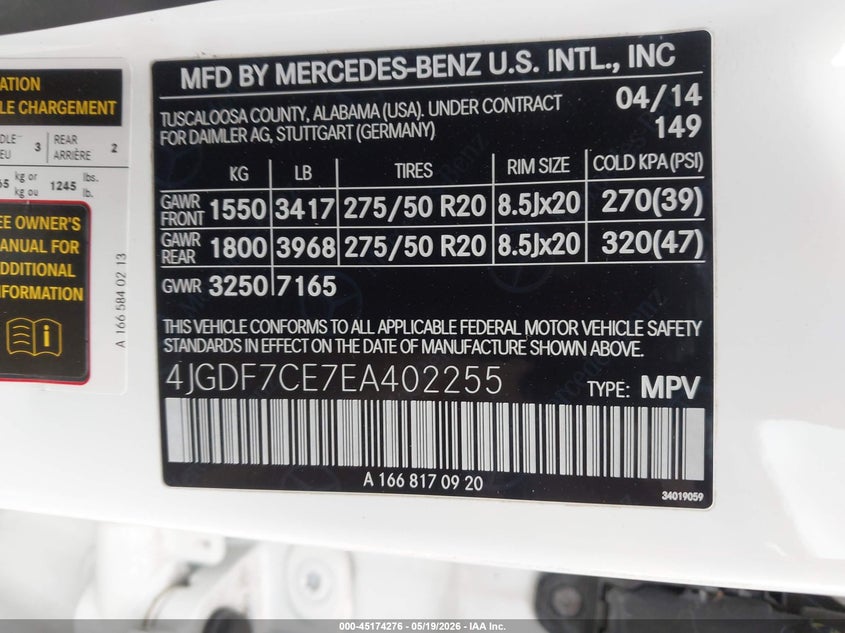 2014 Mercedes-Benz Gl 450 4Matic VIN: 4JGDF7CE7EA402255 Lot: 45174276