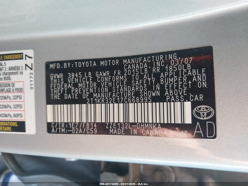 2007 Toyota Matrix Xr VIN: 2T1KR32E17C668995 Lot: 45174280