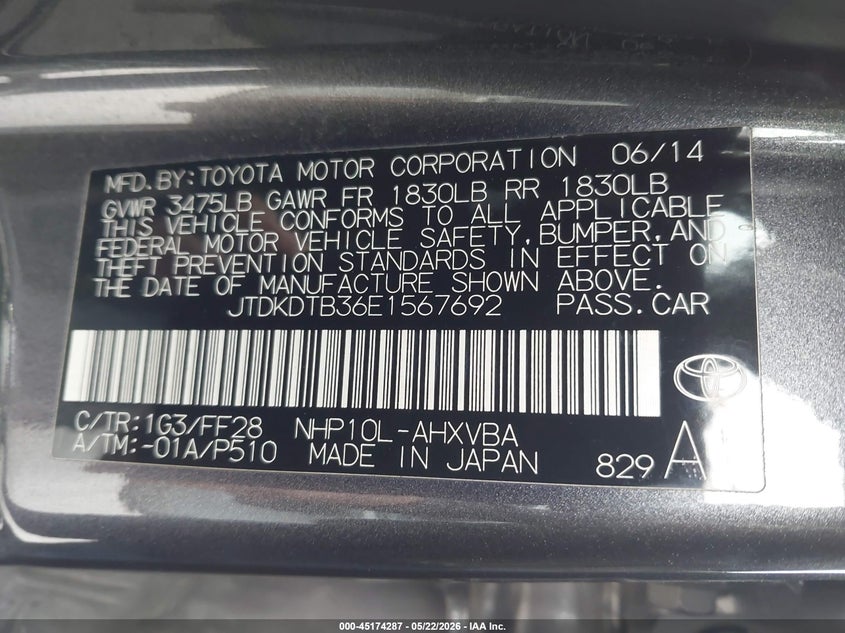 2014 Toyota Prius C Two VIN: JTDKDTB36E1567692 Lot: 45174287
