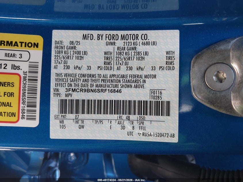 2025 Ford Bronco Sport Big Bend VIN: 3FMCR9BN6SRF16846 Lot: 45174324