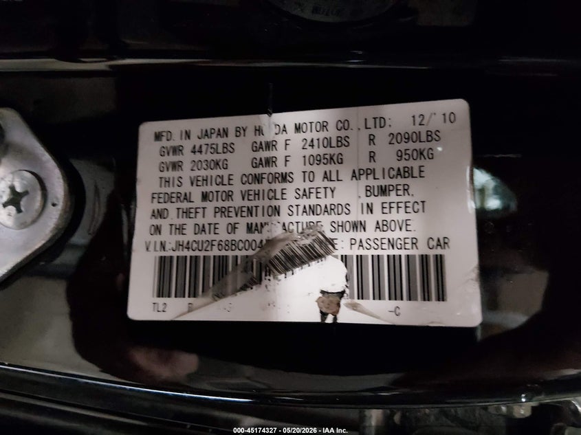2011 Acura Tsx 2.4 VIN: JH4CU2F68BC004497 Lot: 45174327