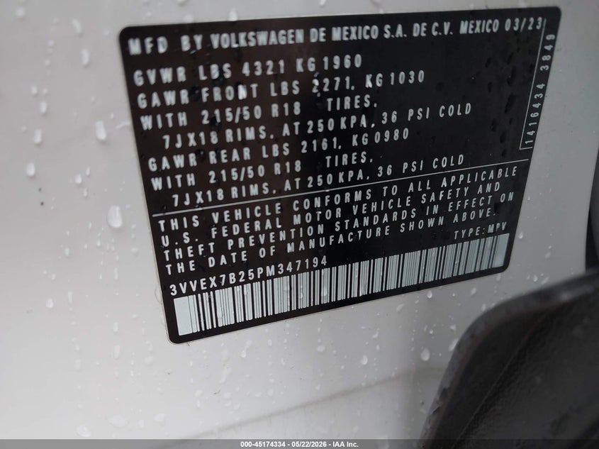 2023 Volkswagen Taos 1.5T Se VIN: 3VVEX7B25PM347194 Lot: 45174334