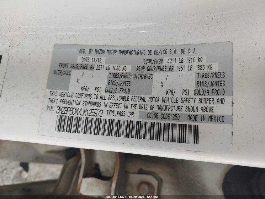 VIN: 3MZBPBCMXLM125973 2020 MAZDA MAZDA3 SELECT PACKAGE