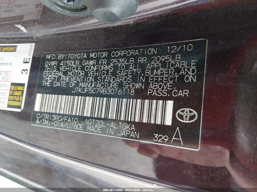 2011 Scion Tc VIN: JTKJF5C79B3016118 Lot: 45174396