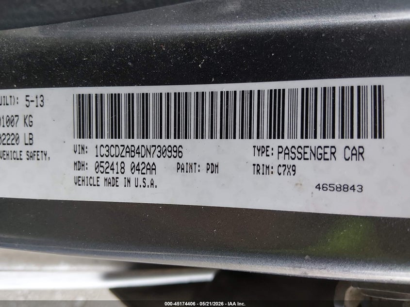 2013 Dodge Avenger Se VIN: 1C3CDZAB4DN730996 Lot: 45174406