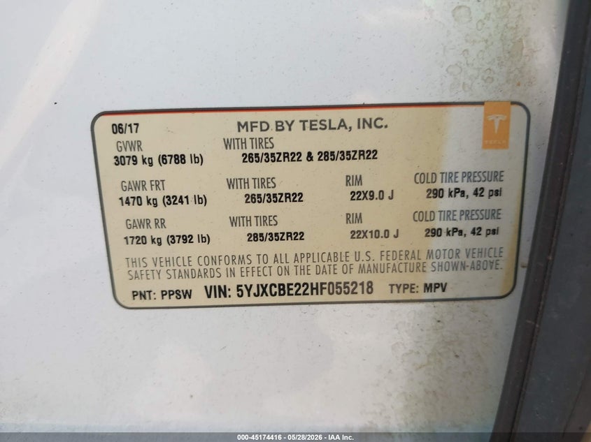2017 Tesla Model X 100D/75D/90D VIN: 5YJXCBE22HF055218 Lot: 45174416