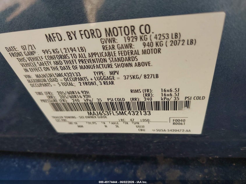 VIN MAJ6S3FL5MC432133 2021 FORD ECOSPORT S