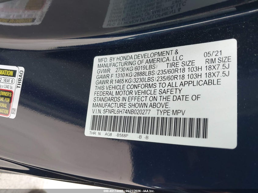 VIN 5FNRL6H74NB020277 2022 HONDA ODYSSEY EX-L