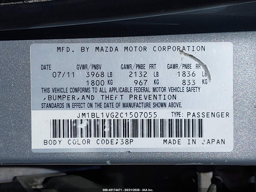 2012 Mazda 3 2.0 Azda3 I Touring Grey Lot 111045174471 Vin JM1BL1VG2C1507055