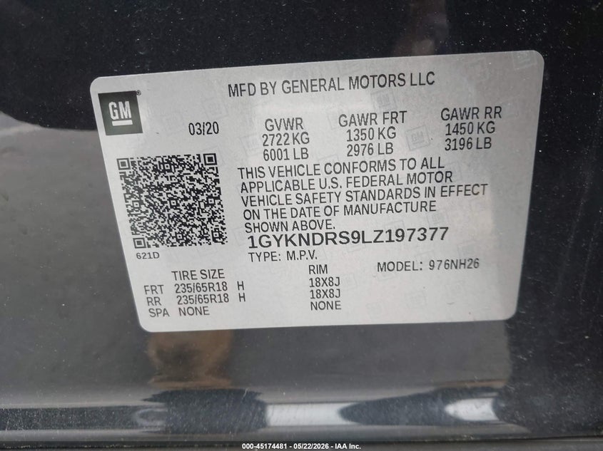 2020 Cadillac Xt5 Awd Premium Luxury VIN: 1GYKNDRS9LZ197377 Lot: 45174481