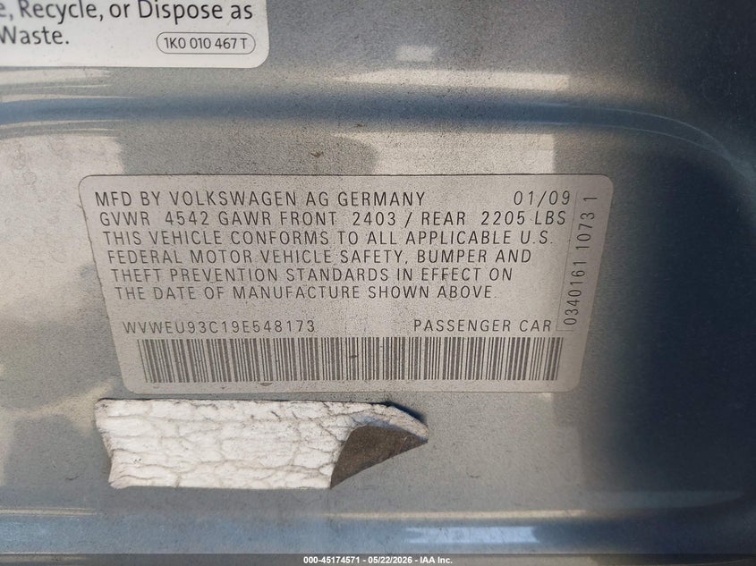 2009 Volkswagen Cc Vr6 Sport VIN: WVWEU93C19E548173 Lot: 45174571