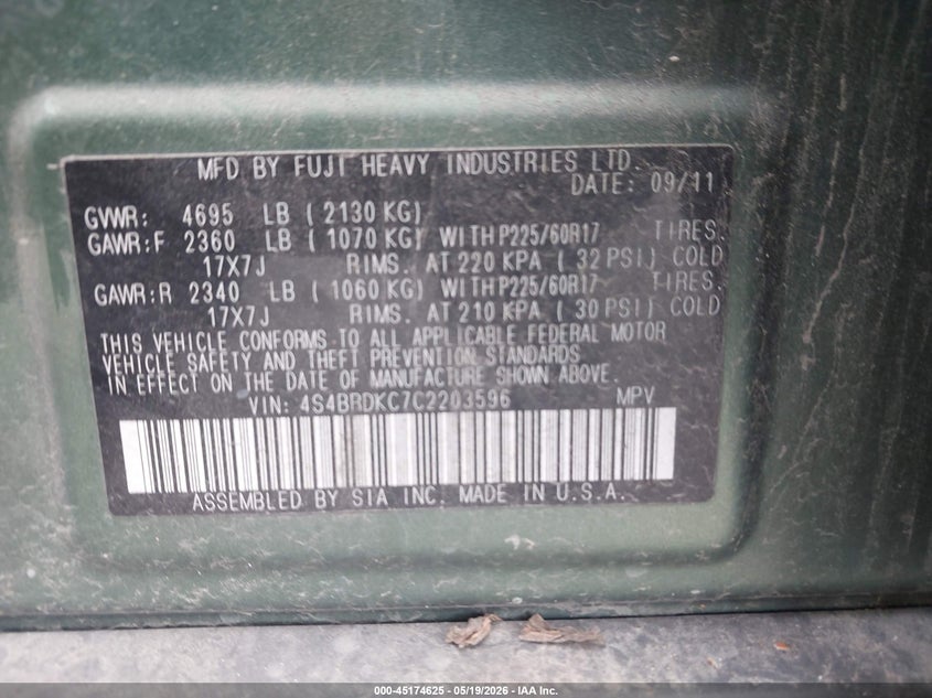 4S4BRDKC7C2203596 2012 Subaru Outback 3.6 3.6r Limited Green