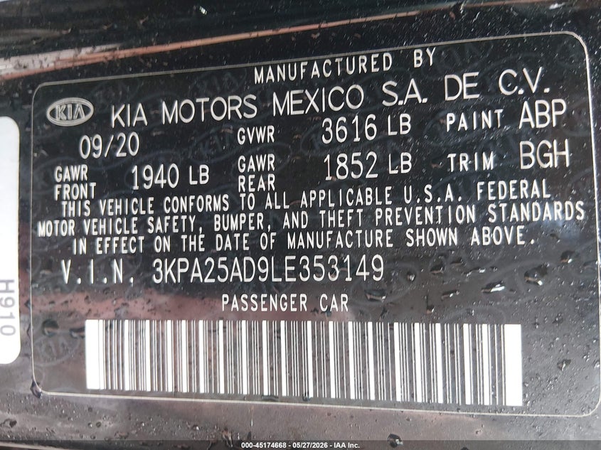 2020 Kia Rio 5-Door S VIN: 3KPA25AD9LE353149 Lot: 45174668