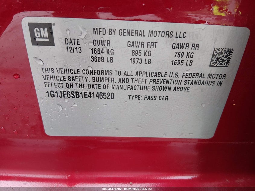 2014 Chevrolet Sonic Ltz Manual VIN: 1G1JF6SB1E4146520 Lot: 45174702
