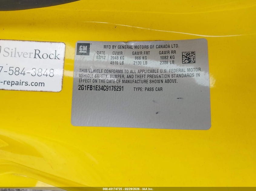 2012 Chevrolet Camaro 3.6 1Lt yellow Lot 111045174725 Vin 2G1FB1E34C9176291