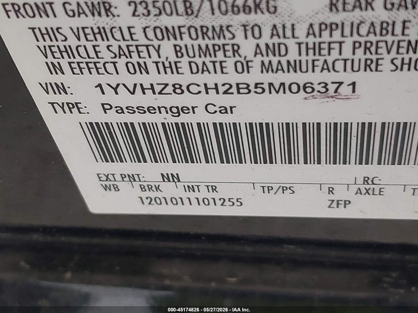 2011 Mazda Mazda6 I Touring VIN: 1YVHZ8CH2B5M06371 Lot: 45174826