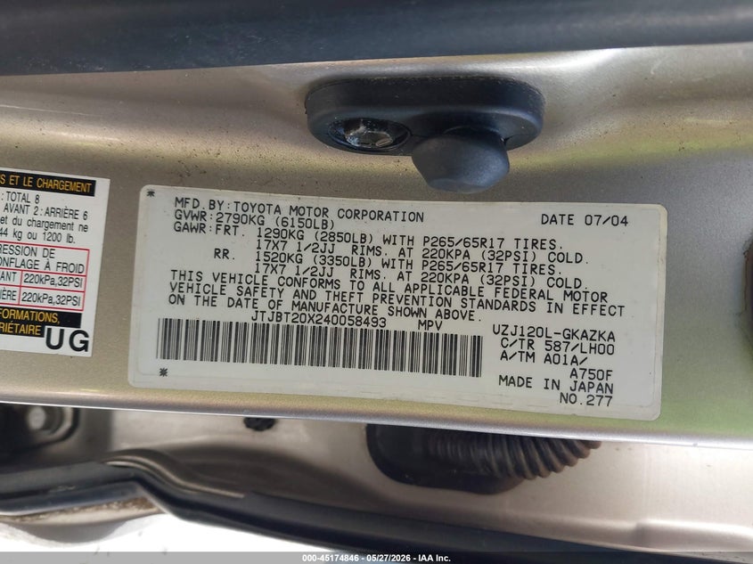 2004 Lexus Gx 470 VIN: JTJBT20X240058493 Lot: 45174846