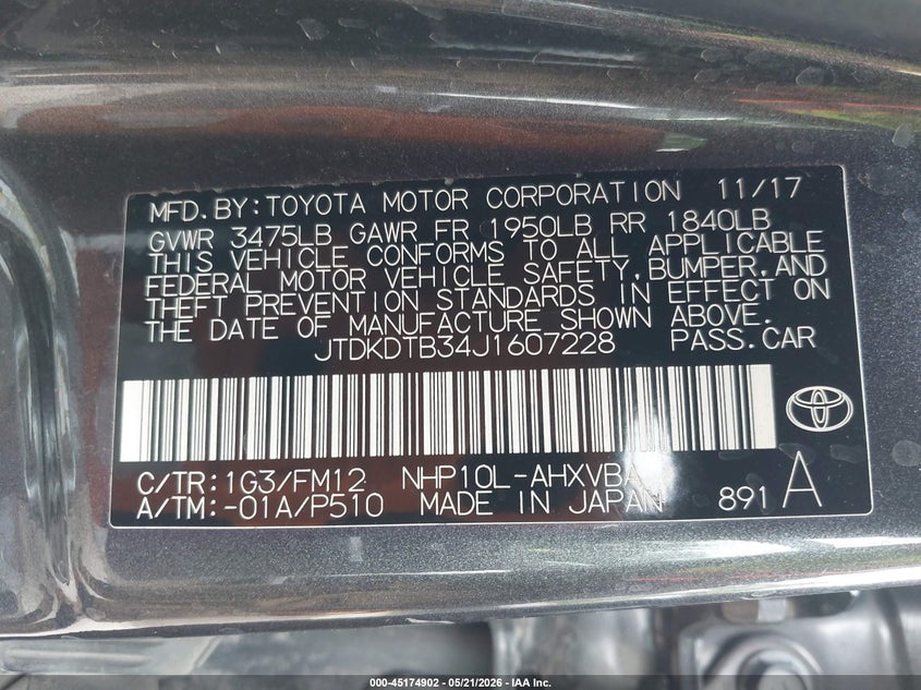 2018 Toyota Prius C Two VIN: JTDKDTB34J1607228 Lot: 45174902